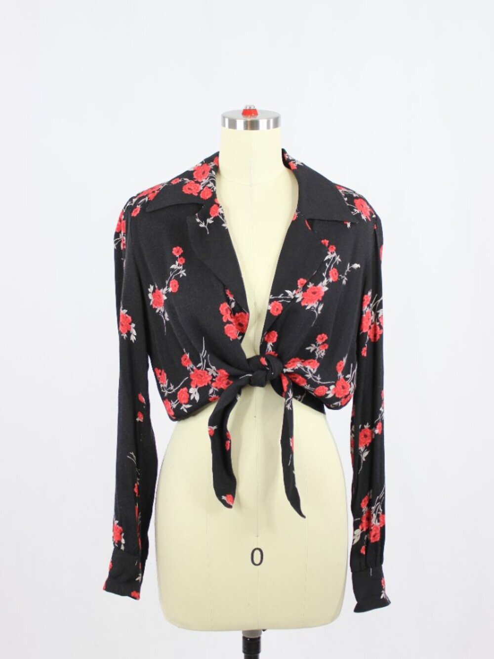 REFORMATION Dottie Black Floral Print Crepe Front Tie Wrap Blouse, Size M